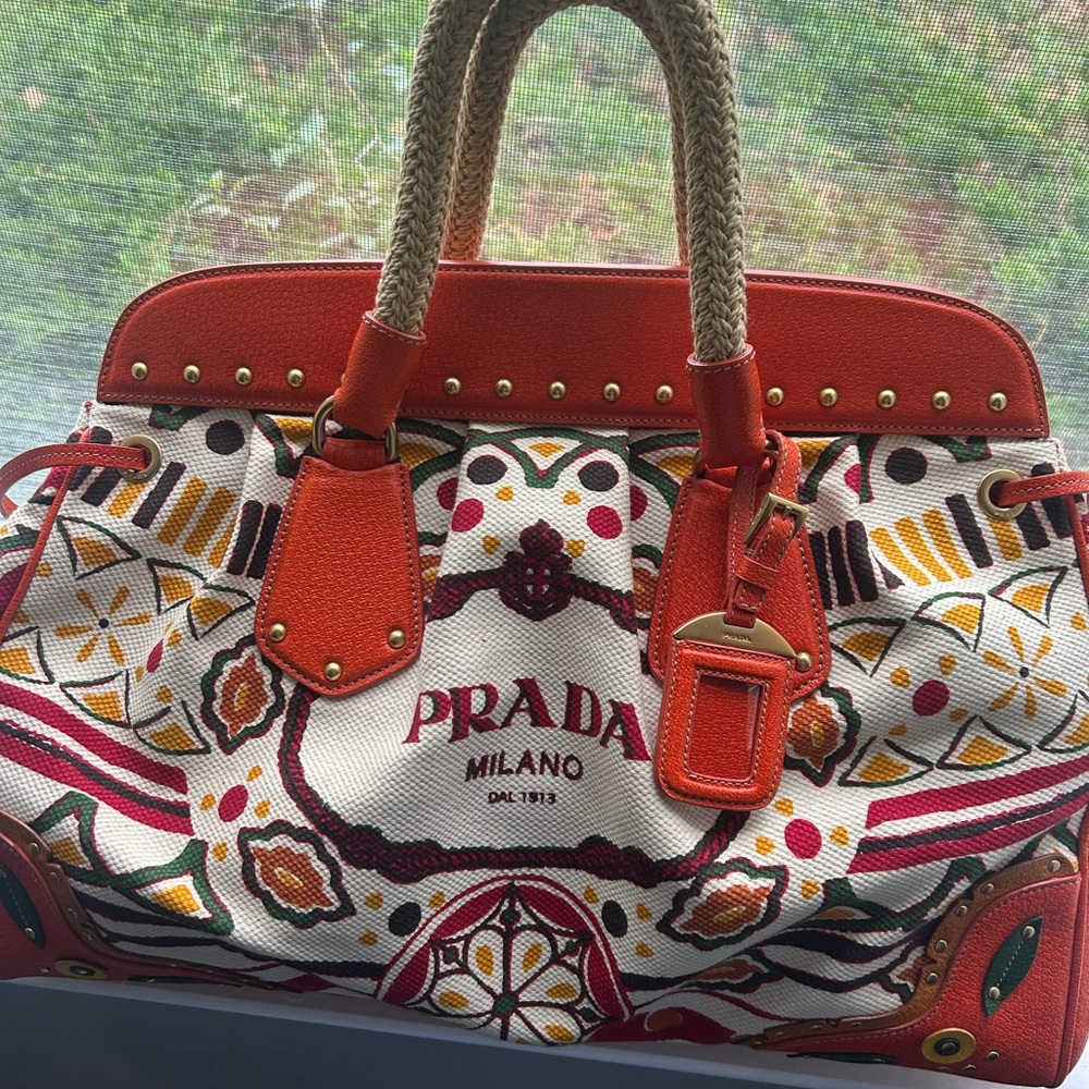 Prada Orange Trim Multicolor Printed Canvas Tote - Picture 3 of 7